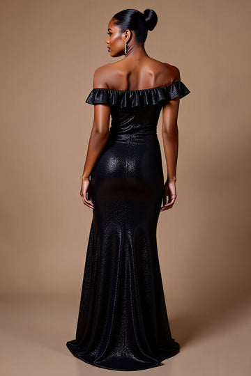 Glittrande Svart Off The Shoulder Paljett Lång Formell Klänning Med Slits